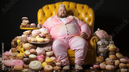 A fat man sits on a mountain of donuts, cakes and sweets. Eating sweets leads to obesity, diabetes and cardiovascular disease. Hyperbolic exaggerated stamp. photo