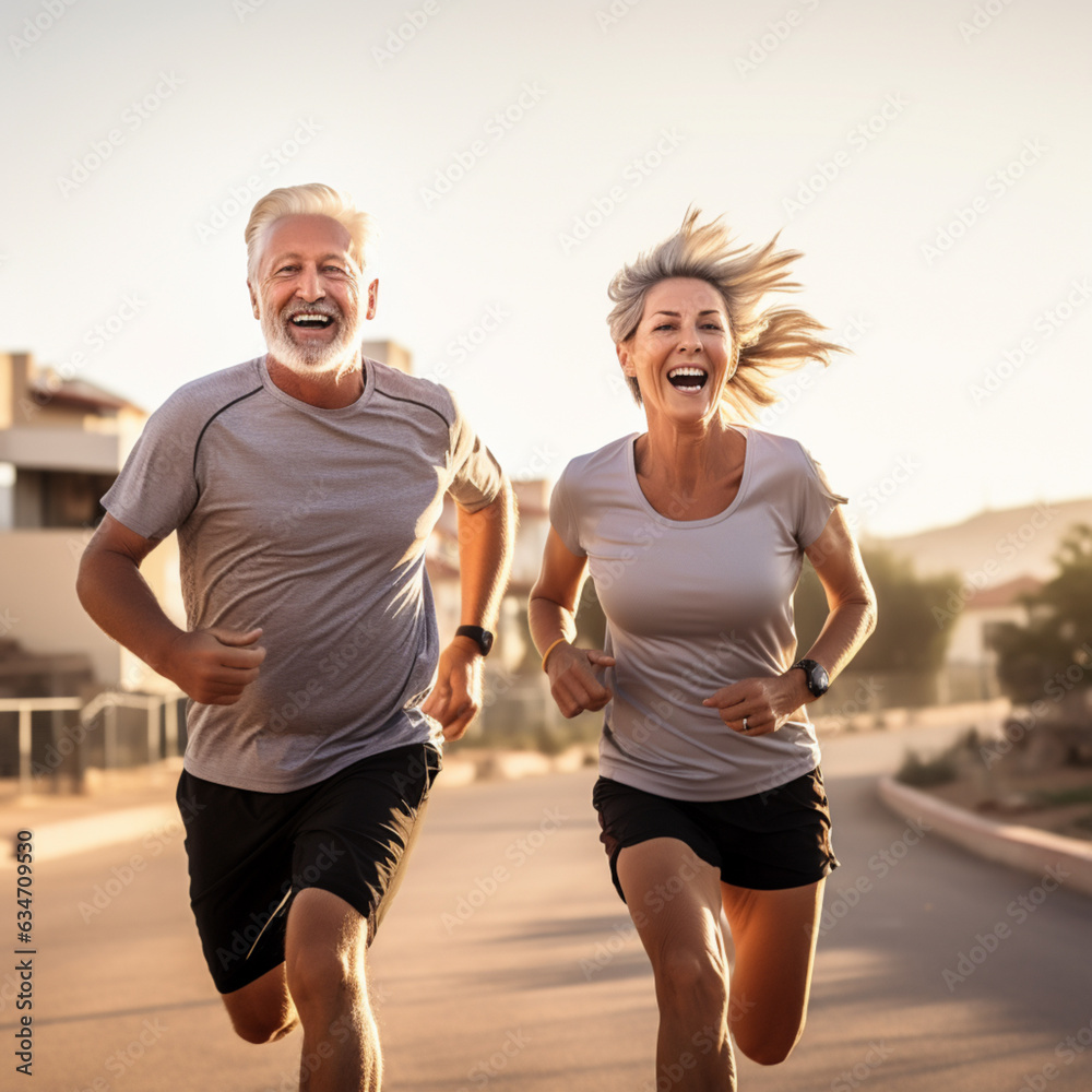 Active sporty middle aged couple running in the city, happy man and woman jogging together outdoors, having workout.