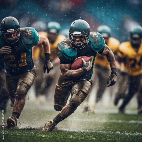 American football players in dynamic action is running with ball at stadium under rain, sport arena, movement, achievements, leadership, Sports emotions	 photo