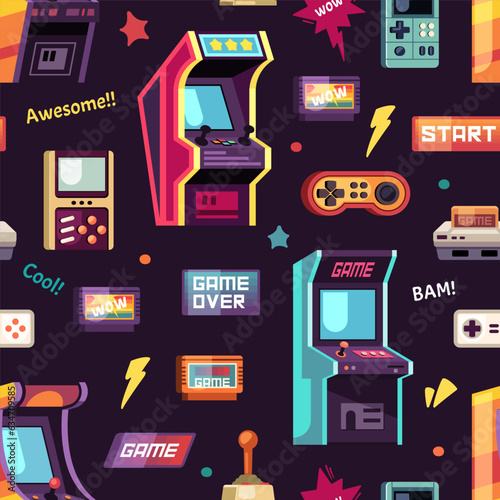 game machines pattern. 8 bit retro style game machines, cartoon vintage arcade game controllers, slot machines. vector cartoon seamless pattern.