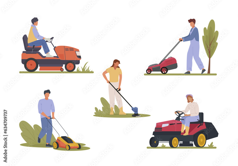 peoples with lawnmowers. simple minimalistic flat male characters with garden lawn mowers, mowing grass in garden. vector cartoon set. - obrazy, fototapety, plakaty 