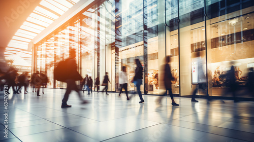 Background with a blur of a contemporary shopping mall featuring a few consumers. Shoppers strolling through the mall, evident motion blur. Abstractly blurred shoppers carrying shopping bag. Gen. AI