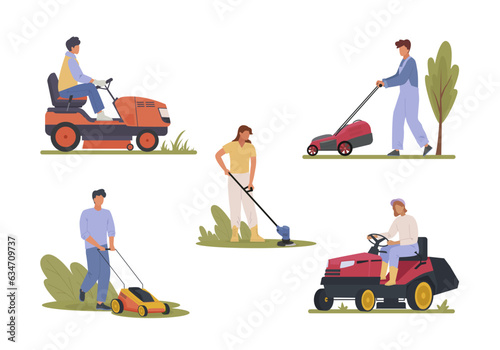 peoples with lawnmowers. simple minimalistic flat male characters with garden lawn mowers, mowing grass in garden. vector cartoon set. © alex_cardo