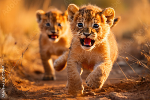Savannah Siblings: Lion Cubs in Play © AIproduction