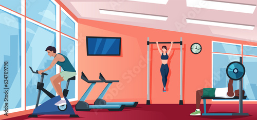 gym background. sportsmen doing physical exercises in fitness center, cartoon healthy people training in sport training workout gym. vector cartoon gym background.