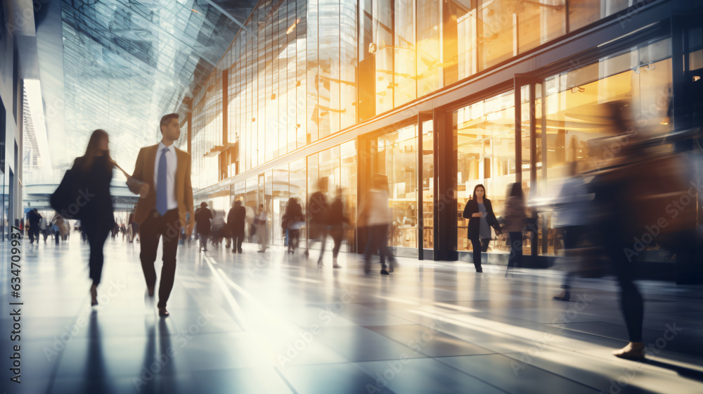 Background with a blur of a contemporary shopping mall featuring a few consumers. Shoppers strolling through the mall, evident motion blur. Abstractly blurred shoppers carrying shopping bag. Gen. AI