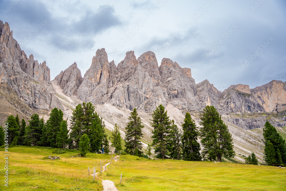Dolomite landscape in Puez Odle Nature Park - view from alpine plateau with green meadows, Italy