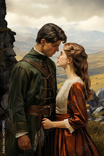 Love's whispers in time: Clad in medieval elegance, they stand close, an embrace that begs to be a cover illustration for a steamy romance.