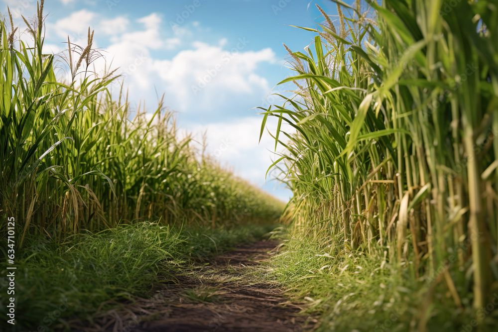 Sugarcane field at sunset. Sugar cane plant tree in countryside for food industry or renewable bioenergy power. generative ai. Sugarcane field at sunset. Sugar cane plant tree in countryside for food industry or renewable bioenergy power. generative ai.