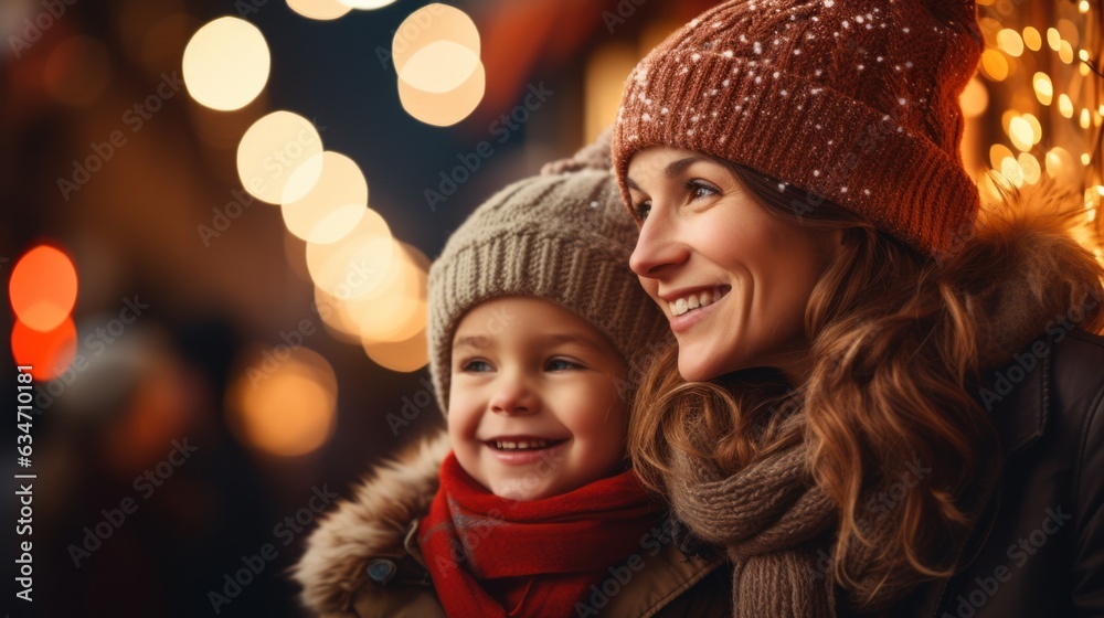 Obraz premium Mother and child having wonderful time on traditional Christmas market on winter evening.