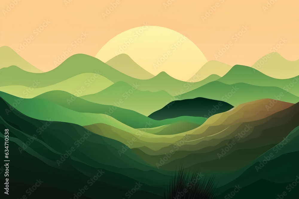Flat style abstract minimalistic aesthetic mountains landscape background. Green color shades.