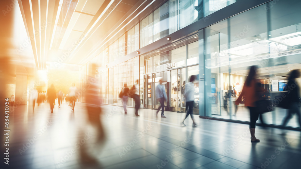 Background with a blur of a contemporary shopping mall featuring a few consumers. Shoppers strolling through the mall, evident motion blur. Abstractly blurred shoppers carrying shopping bag. Gen. AI