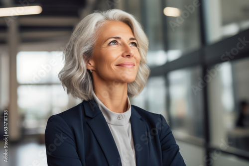 Happy proud prosperous mid aged mature professional business woman ceo executive wearing suit standing in office arms crossed looking away thinking of success, leadership, side profile view