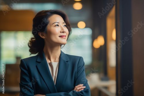 Happy proud prosperous mid aged mature professional Asian business woman ceo executive wearing suit standing in office arms crossed looking away thinking of success, leadership, side profile view. photo