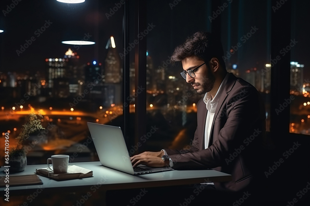 Young busy Latin business man executive working on laptop at night in dark corporate office. Professional businessman manager using computer sitting at table, big city evening view Young busy Latin business man executive working on laptop at night in dark corporate office. Professional businessman manager using computer sitting at table, big city evening view
