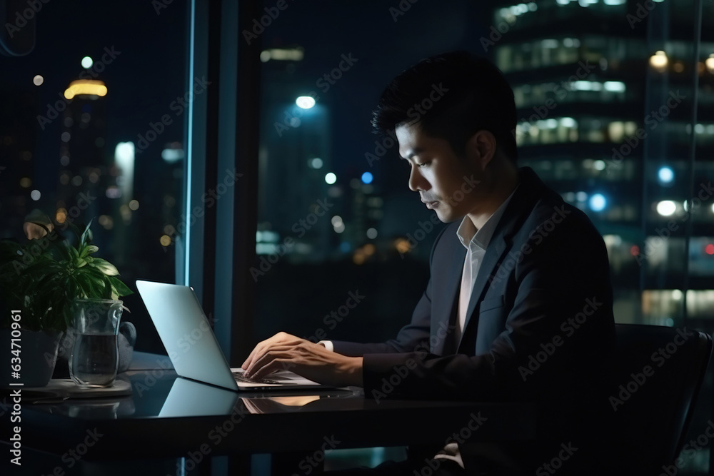 Young busy Asian business man executive working on laptop at night in dark corporate office. Professional businessman manager using computer sitting at table, big city evening view Young busy Asian business man executive working on laptop at night in dark corporate office. Professional businessman manager using computer sitting at table, big city evening view