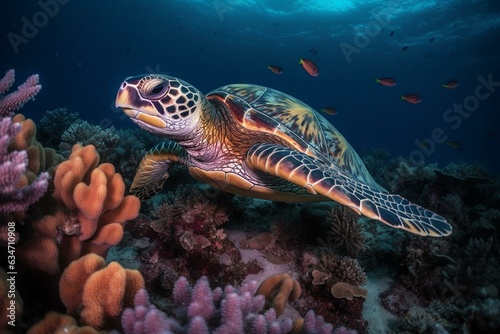 a turtle swims with vibrant coral, representing an animal and nature environment. Generative AI