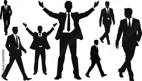 Business men silhouettes set in various poses. Flat vector illustrations. Group of business people. Lawyer, teacher, sales manager, boss, politician, broker. photo