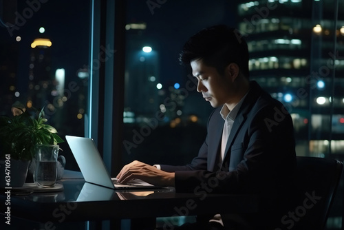Young busy Asian business man executive working on laptop at night in dark corporate office. Professional businessman manager using computer sitting at table, big city evening view