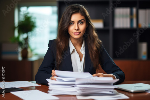 Young busy Latin business woman lawyer, tax accountant manager holding paper documents checking bills, doing sales invoice accounting, reading legal contract or bank statement sitting at desk