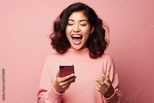 Young happy lucky woman student feeling excited winner looking at cellphone using mobile phone winning online, receiving great news or sms offer, getting new job celebrating achievement