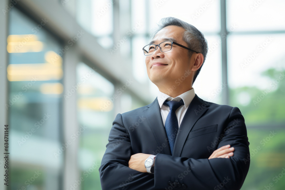 Happy proud prosperous mid aged mature professional Asian business man ceo executive wearing suit standing in office arms crossed looking away thinking of success, leadership, side profile view. Happy proud prosperous mid aged mature professional Asian business man ceo executive wearing suit standing in office arms crossed looking away thinking of success, leadership, side profile view.