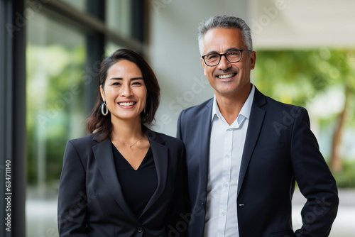 Happy confident professional mature business man and business woman corporate leaders managers standing in office, two diverse colleagues executives team posing together, portrait