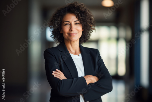 Happy proud prosperous mid aged mature professional latin business woman ceo executive wearing suit standing in office arms crossed looking away thinking of success, leadership, side profile view photo