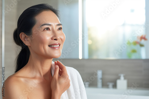 Headshot of gorgeous mid age adult 50 years old Asian woman standing in bathroom after shower touching face, looking at reflection in mirror doing morning beauty routine. Older skin care concept. Free Download Headshot of gorgeous mid age adult 50 years old Asian woman standing in bathroom after shower touching face, looking at reflection in mirror doing morning beauty routine. Older skin care concept. - GFXLoad
