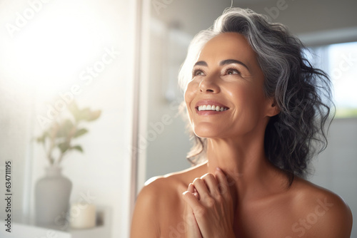 Headshot of gorgeous mid age adult 50 years old Latin woman standing in bathroom after shower touching face, looking at reflection in mirror doing morning beauty routine. Older skin care concept.