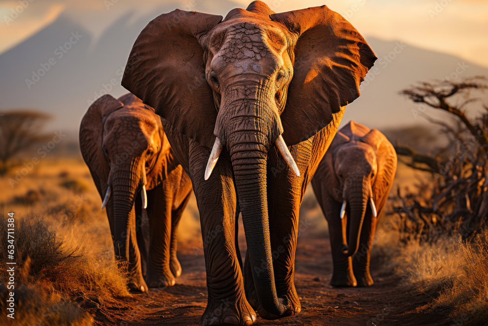 Elephants Grazing by Kilimanjaro
