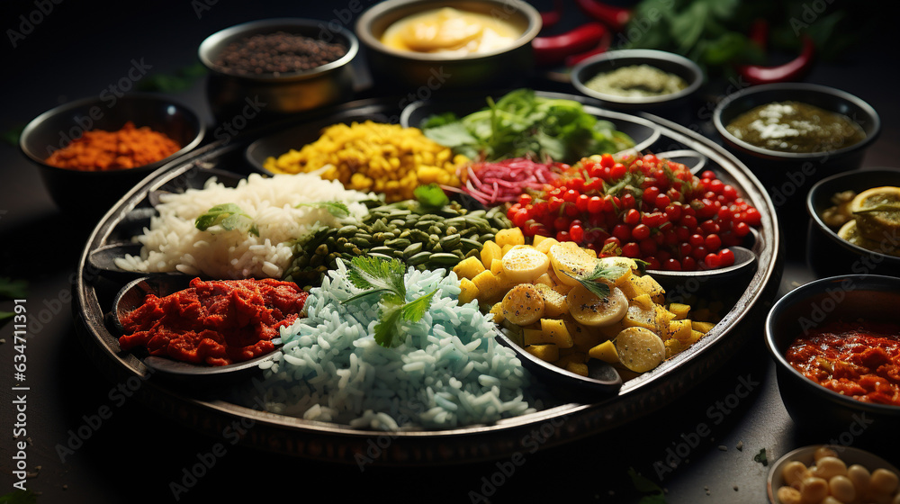 with colorful dishes of indian food, in the style of aerial view, textural prints, language-based sharp focus professional studio light highly detailed soft shadows grading with colorful dishes of indian food, in the style of aerial view, textural prints, language-based sharp focus professional studio light highly detailed soft shadows grading