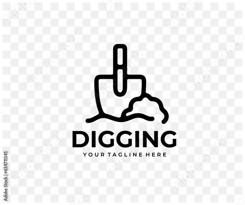 Digging, shovel, ground, land work and agriculture, linear graphic design. Garden, gardening, nature, farm, vegetable garden and beds, vector design and illustration