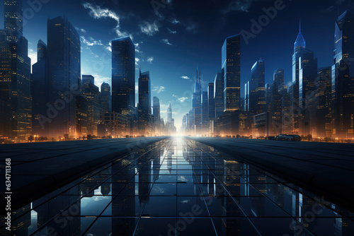the skyline of a modern, office tower with a blue sky, in the style of cryptidcore, abstracted cityscapes
