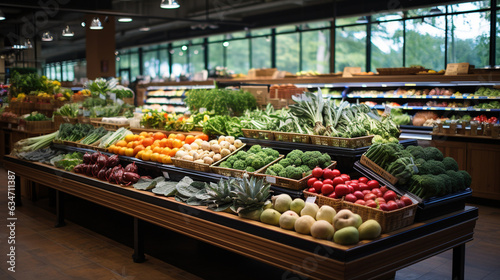 wide angle view of supermarket store interior with fresh fruits and vegetables on display,