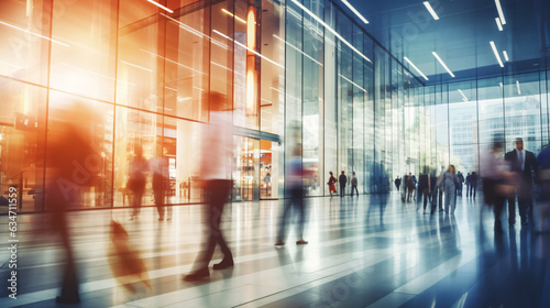 Background with a blur of a contemporary shopping mall featuring a few consumers. Shoppers strolling through the mall, evident motion blur. Abstractly blurred shoppers carrying shopping bag. Gen. AI © Nico Vincentini