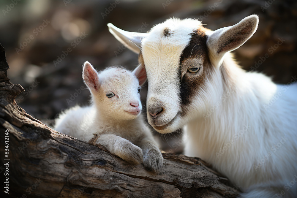 Fototapeta premium A Mother Goat and Kid Share a Touching Gaze