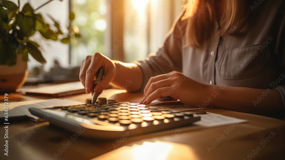 Fototapeta premium A female accountant carefully performs financial calculations on a calculator on her home office desk