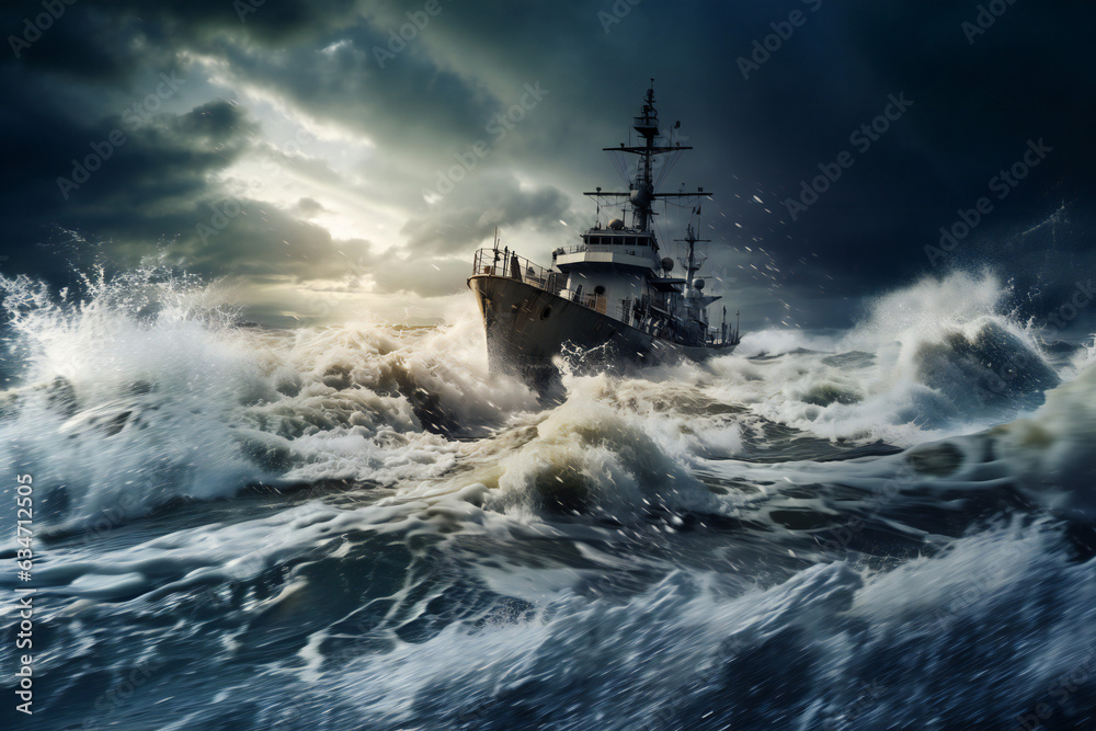 Naval Vessel at Sea during rough weather, storm, Marine Ship, Warship, high waves Naval Vessel at Sea during rough weather, storm, Marine Ship, Warship, high waves