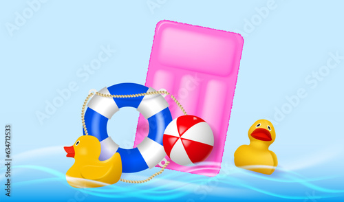 Summer vacation poster with 3d objects. Beach ball, lifebuoy, rubber ducks and Inflatable Pool Float Mattress. Vector illustration