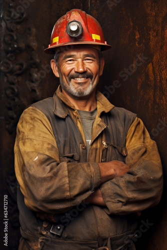 Smiling miner. Portrait of a man with a beard. AI generated photo