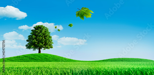 Green Meadow Background with Tree and sunny blue Sky - 3D illustration