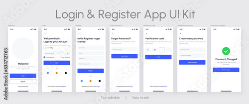 Login and Register App UI Kit. Sign Up and Sign In forms. Forms page for mobile app. Vector template.