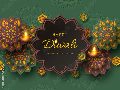 Diwali festival holiday design with paper cut style of Indian Rangoli and hanging diya - oil lamp. Green and brown colors. Vector illustration.