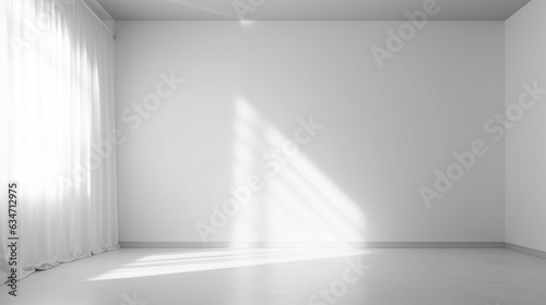 Window illuminated from behind with white drapes in a vacant space. Unoccupied room with a white light casting shadows on the floor. Room with a plain wall background Generative AI.