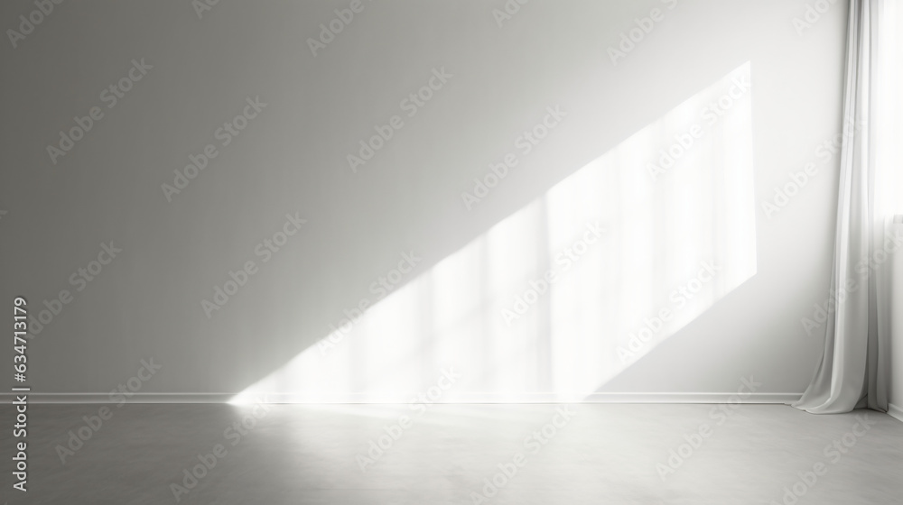 Window illuminated from behind with white drapes in a vacant space.
Unoccupied room with a white light casting shadows on the floor.
Room with a plain wall background Generative AI.