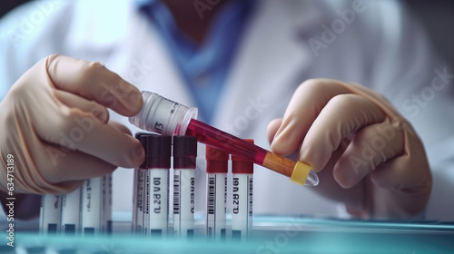 Close-up of a doctor carefully handling a blood test tube in a clinical setting