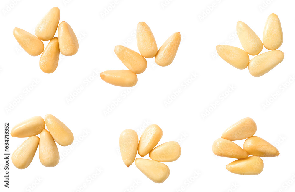 Roasted pine nuts isolated on the white background, top view. Roasted pine nuts isolated on the white background, top view.