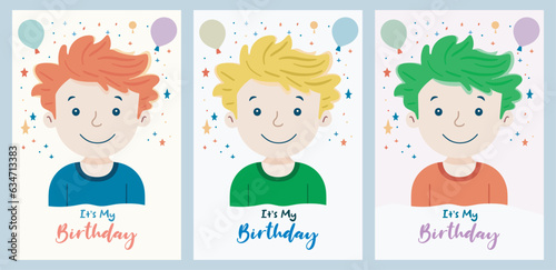 Quadro su tela Birthday wishes template for boys with cartoon character, B-day invitation colorful design with balloons