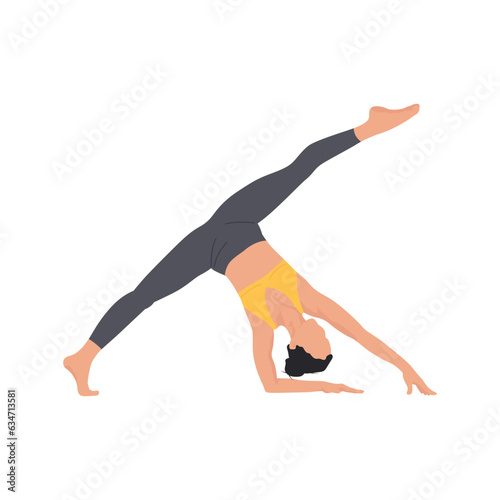 Woman demonstrating inverted split. Yoga practice. Female yogini. Hip opener yoga pose. Vector illustration isolated on the white background